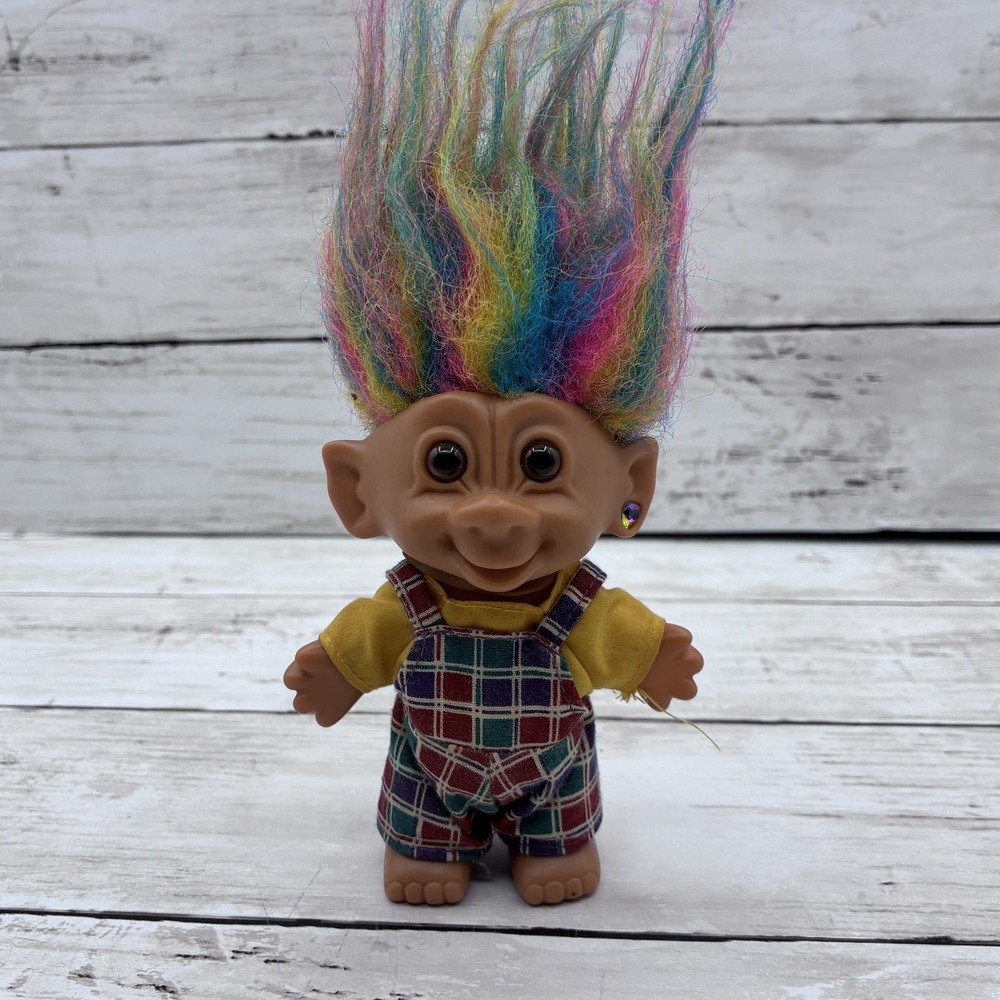 Vintage Bright of America Inc. Troll Doll Rainbow Hair Plaid Overalls Earring